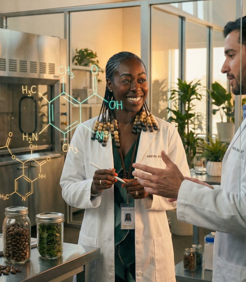 Yve-Car in a lab coat reviewing formulas with a chemist