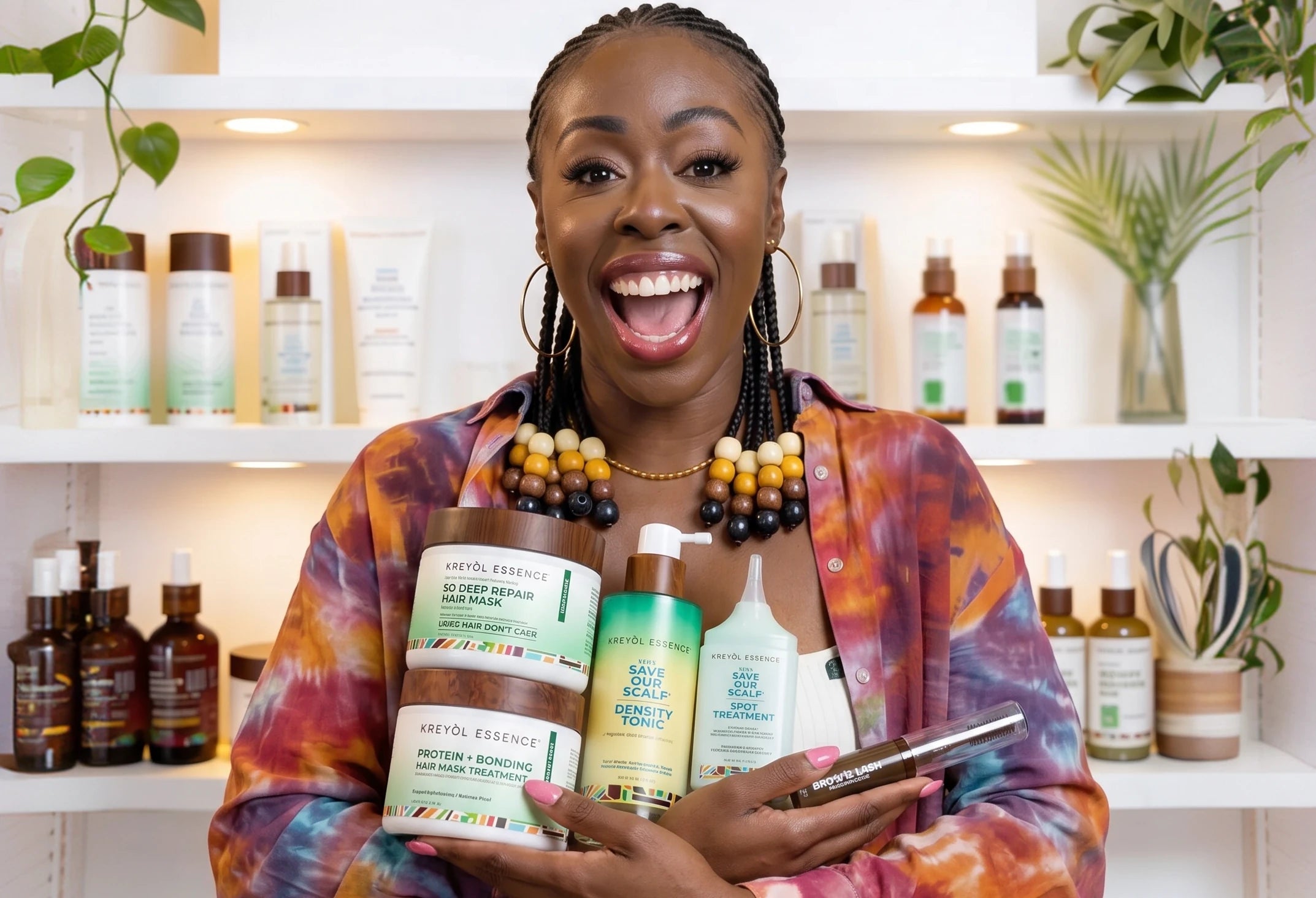 Yve-Car holding the Kreyòl Essence GLP-1 hair plan products