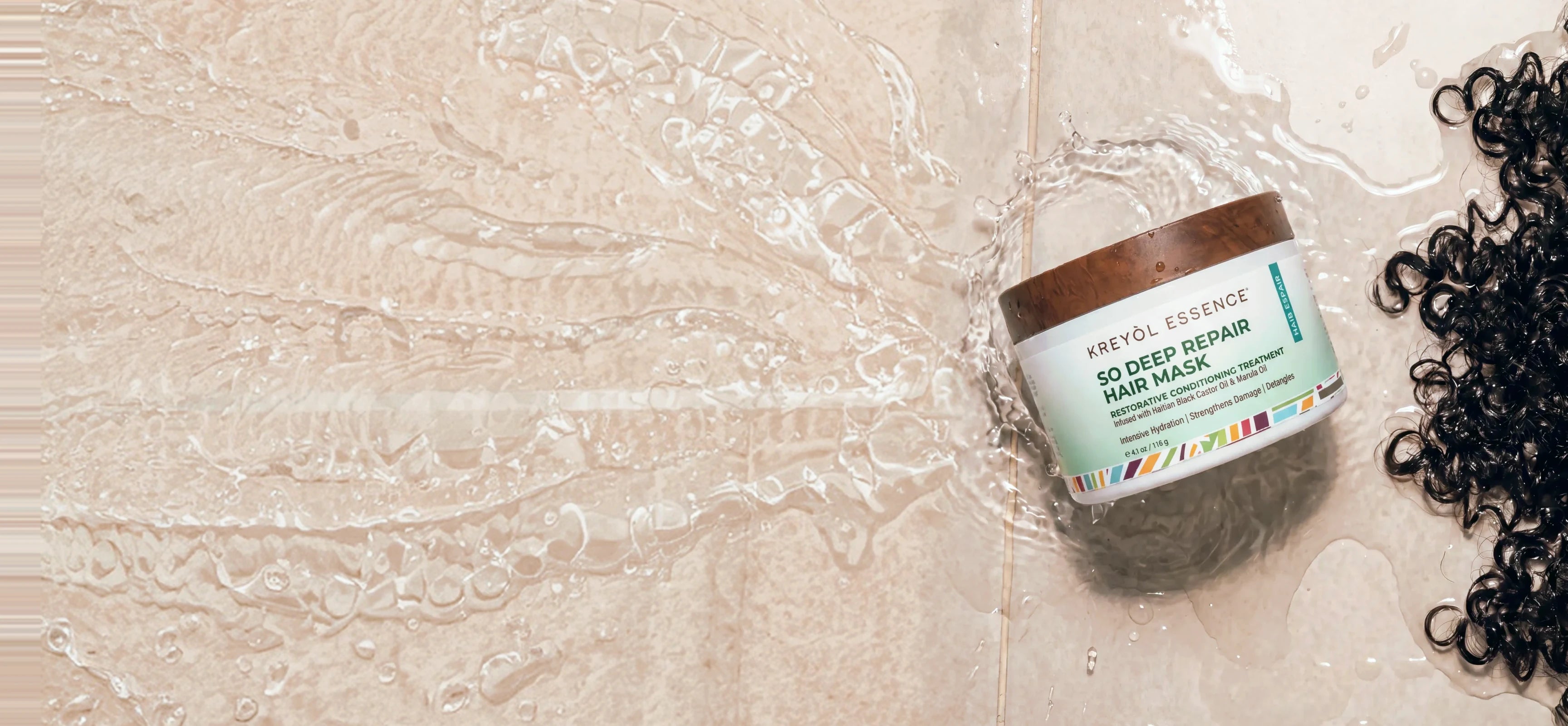 So Deep Repair hair mask in water next to curly hair