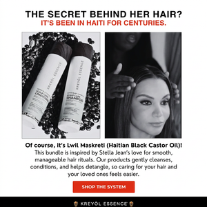 Kreyòl Essence Stella Jean Haitian Heritage Hair Duo gift set featuring Haitian-inspired hair care products in elegant packaging.