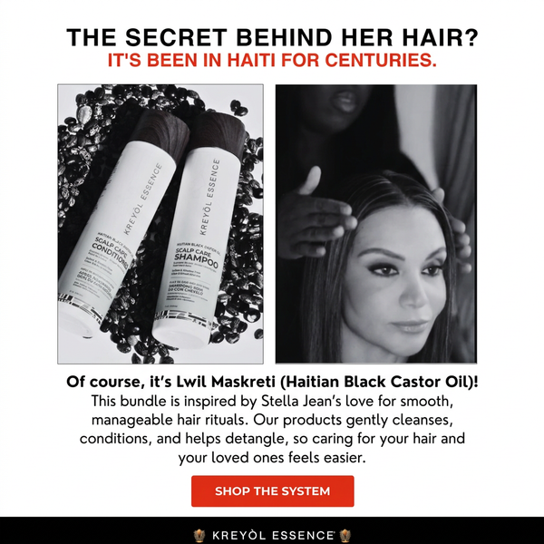 Kreyòl Essence Stella Jean Haitian Heritage Hair Duo gift set featuring Haitian-inspired hair care products in elegant packaging.