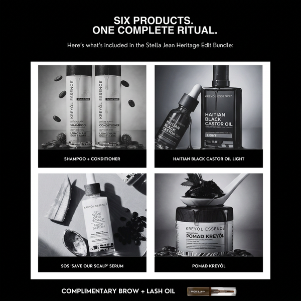 Kreyòl Essence Stella Jean Haitian Heritage Hair Duo gift set with hair care products in elegant packaging.