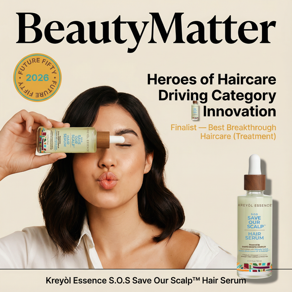 Kreyol Essence Save Our Scalp SOS Daily Hair Serum bottle with dropper for scalp and hair health, clear liquid inside.