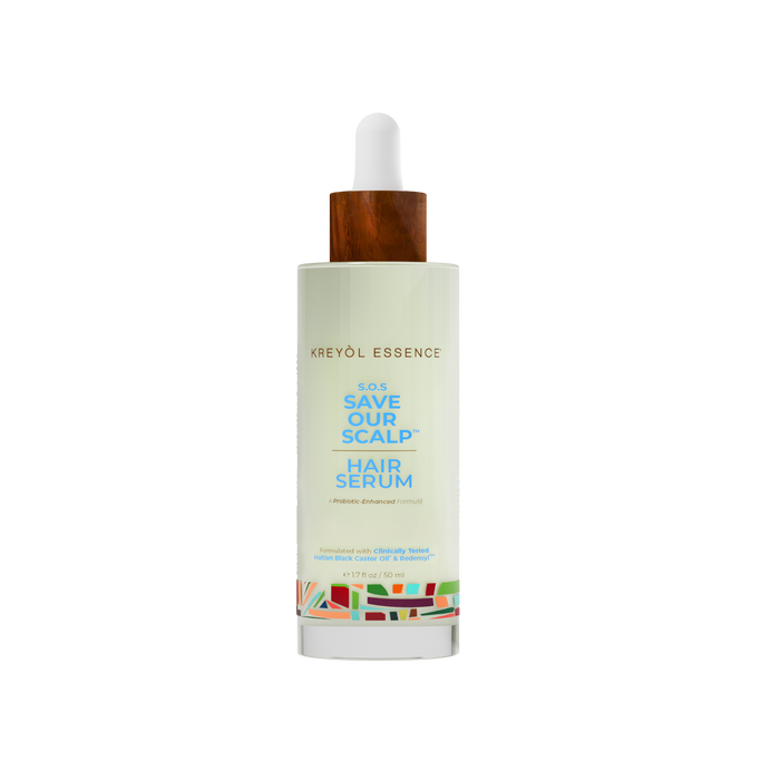 Kreyòl Essence SOS Serum hair treatment bottle, 1.7oz, with dropper for nourishing hair care and scalp hydration.