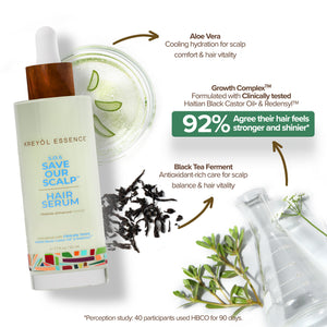Kreyol Essence Save Our Scalp S.O.S Daily Hair Serum bottle, 1.7oz for scalp and hair health, with natural ingredients visible.