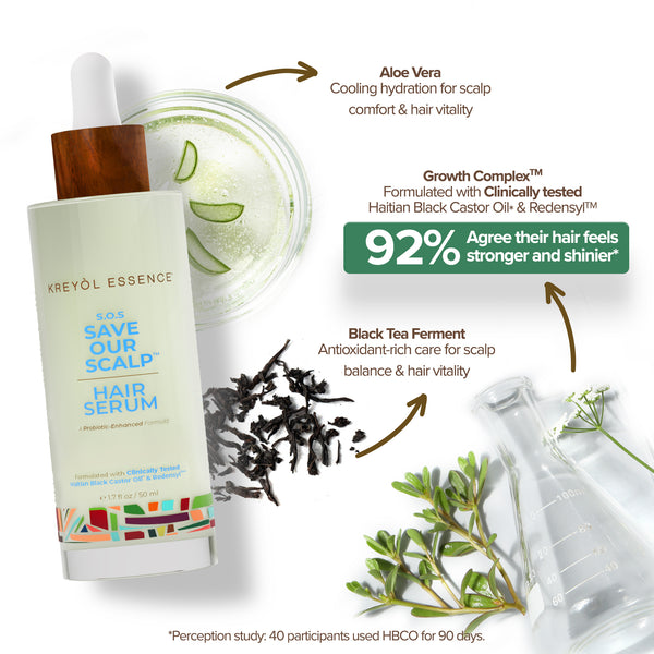 Kreyol Essence Save Our Scalp S.O.S Daily Hair Serum bottle, 1.7oz for scalp and hair health, with natural ingredients visible.