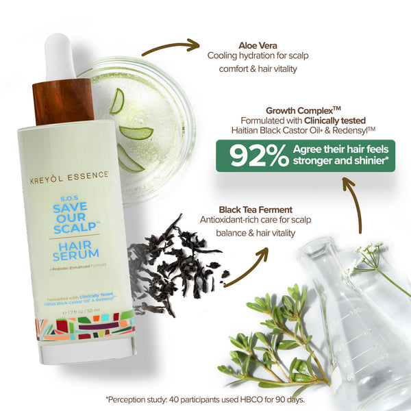 Kreyol Essence Save Our Scalp S.O.S daily hair serum bottle with dropper for scalp and hair health care.