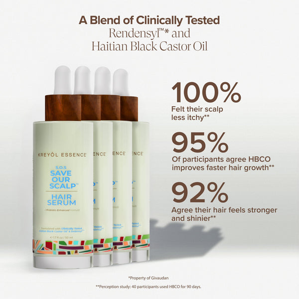 Kreyol Essence Save Our Scalp S.O.S daily hair serum bottle for scalp and hair health, with applicator tip visible.