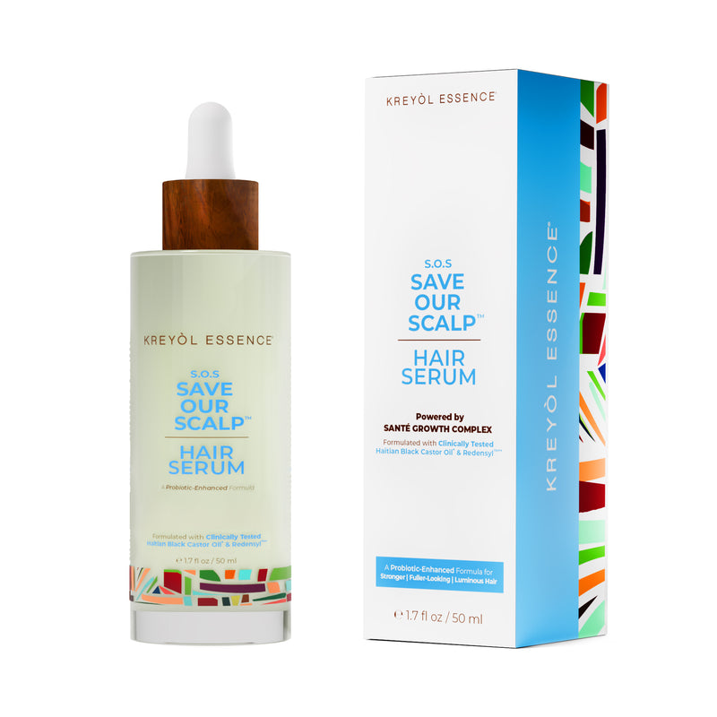 Kreyòl Essence SOS Serum hair treatment bottle, 1.7oz, with dropper applicator and natural ingredients for nourishing hair.