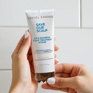 Kreyòl Essence Save Our Scalp Clarify Shampoo and Bamboo Scalp Scrub for hair treatment, shown in 5.4oz bottles.