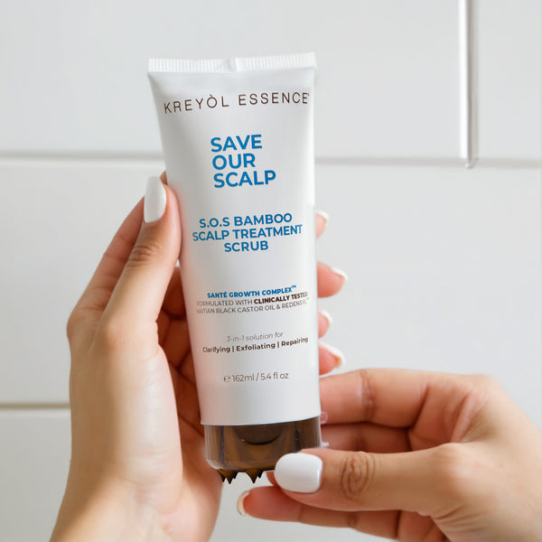 Kreyòl Essence Save Our Scalp Clarify Shampoo and Bamboo Scalp Scrub for hair treatment, shown in 5.4oz bottles.