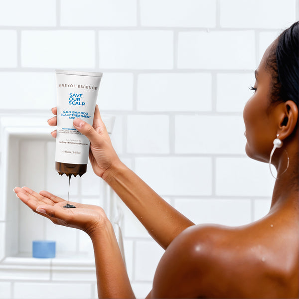 Kreyòl Essence Save Our Scalp Clarify Shampoo and Bamboo Scalp Scrub for hair treatment, shown in 5.4oz bottles.