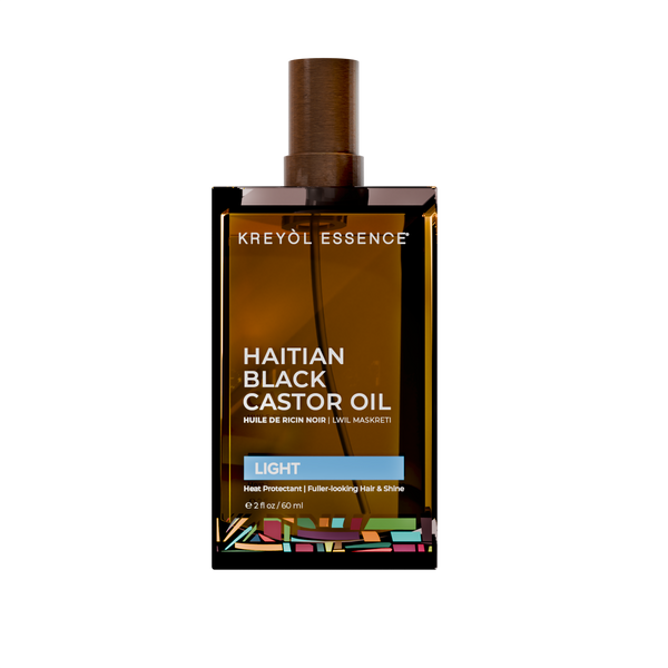 Kreyòl Essence Haitian Black Castor Oil Light bottle, 2oz, for daily skin and hair treatment, natural hair care product.