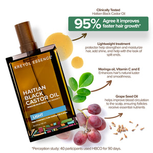 Kreyòl Essence Haitian Black Castor Oil Light for hair and skin, 2oz, showing the bottle with a clear label and natural oil inside.