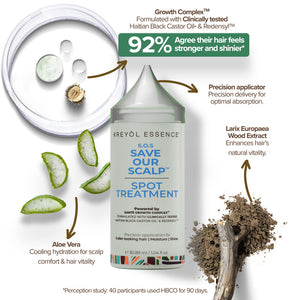 Kreyol Essence Save Our Scalp S.O.S daily hair serum bottle for scalp and hair health, with a focus on the product label and packaging