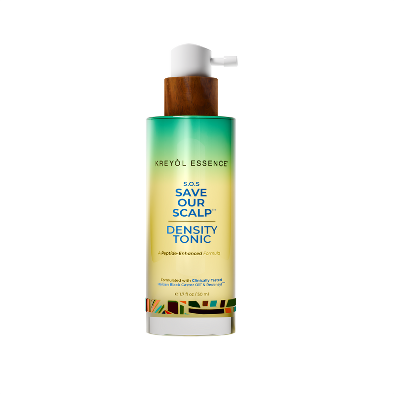 Kreyòl Essence Save Our Scalp Peptide and Density Hair Treatment bottle with applicator for thickening and scalp care.