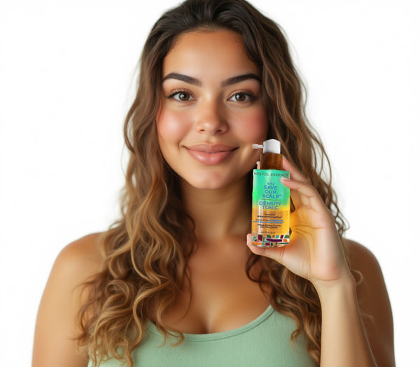 Kreyòl Essence Save Our Scalp peptide and clove density treatment spray applied to scalp and hair for nourishment and density.