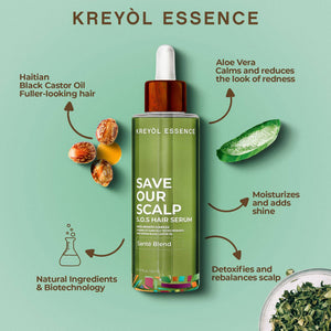 Kreyol Essence Save Our Scalp S.O.S Daily Hair Serum bottle, 1.7oz, for scalp and hair health, with natural ingredients.