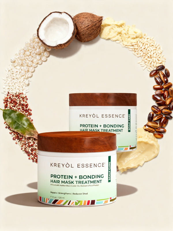 Kreyòl Essence Rice Protein "Give Me Strength" Hair Mask in a 4oz jar, natural hair treatment for strengthening and nourishing hair.