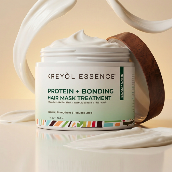Haitian Hair Cocktail™ Triple Threat Mask Trio gift set by Kreyòl Essence featuring three hair treatment jars in colorful packaging.