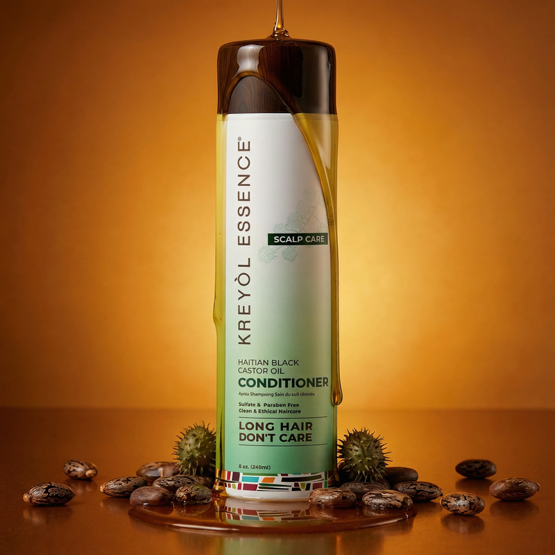 Kreyòl Essence Rosemary Mint and HBCO scalp care conditioner in an 8oz amber bottle, designed for nourishing hair and scalp health.