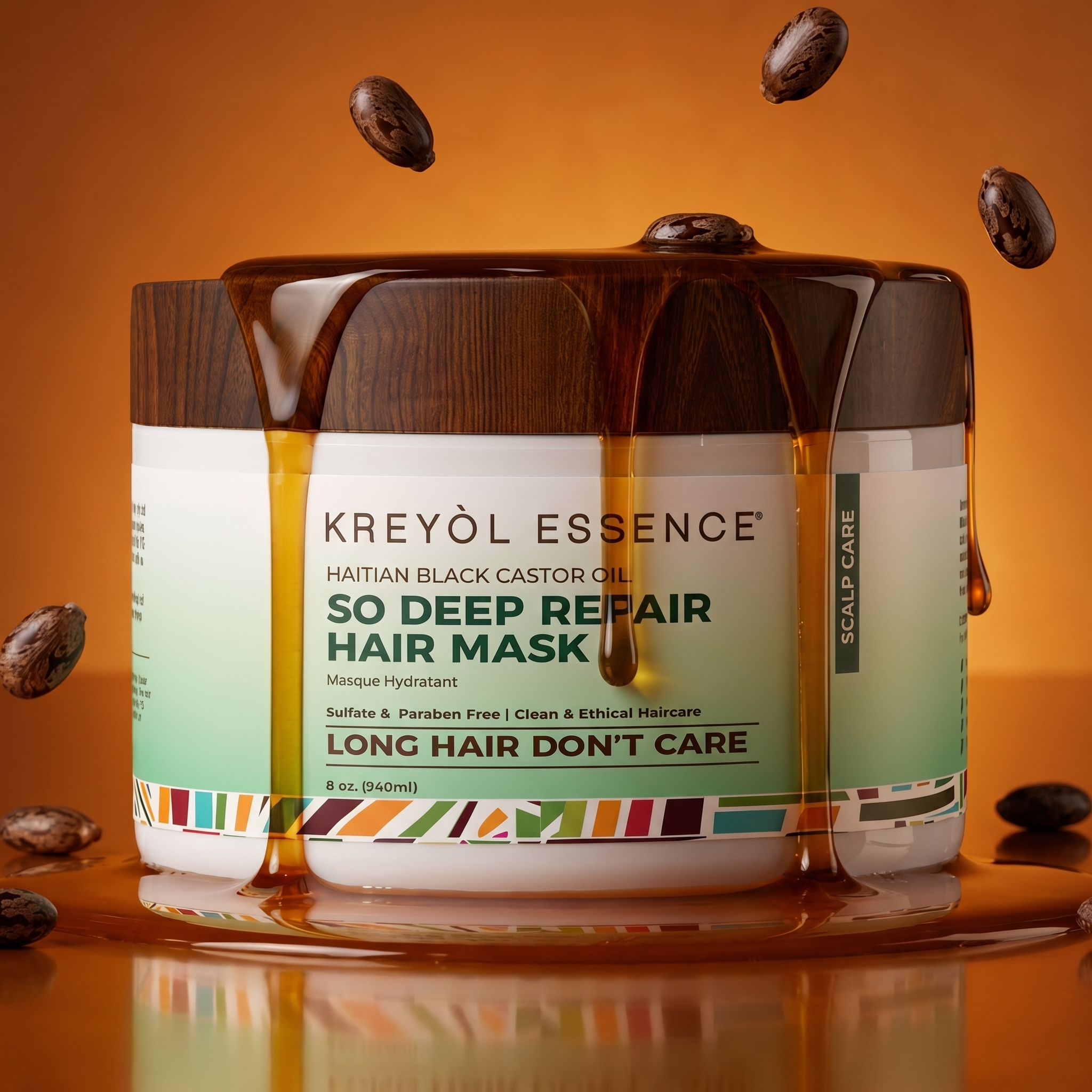 Kreyol Essence Haitian Black Castor Oil Deep Moisture Hair Mask in an 8oz amber jar, nourishing conditioner for deep hair repair.