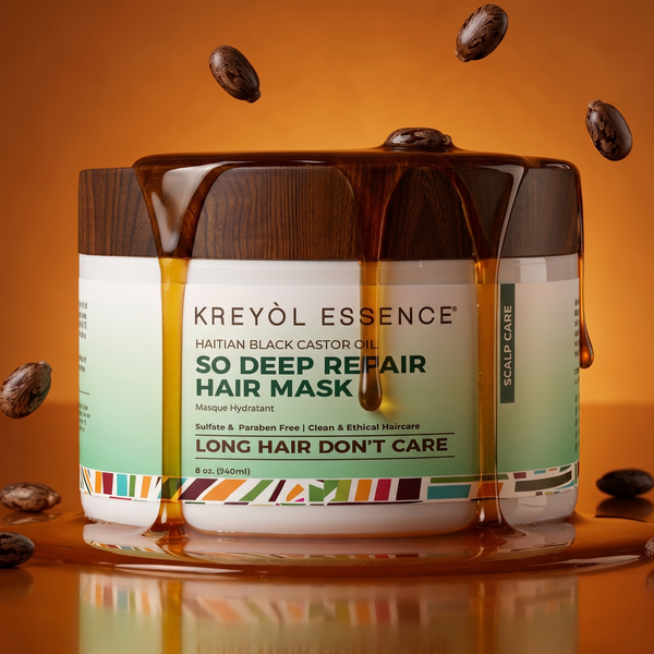 Kreyol Essence Haitian Black Castor Oil Deep Moisture Hair Mask in an 8oz amber jar, nourishing conditioner for deep hair repair.