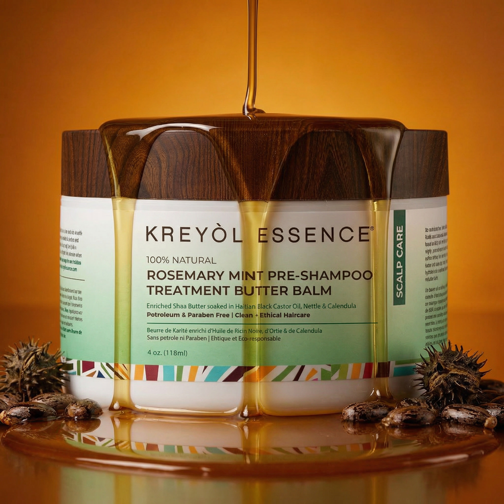 Kreyòl Essence Pre-Shampoo and Moisture Booster Hair Treatment Mask in amber jar, 4oz, for deep conditioning and hydration.