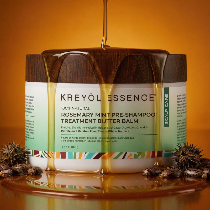 Kreyòl Essence Scalp & Hair Detox Pre-Shampoo Treatment Mask in amber jar, designed to cleanse and detox hair before washing.