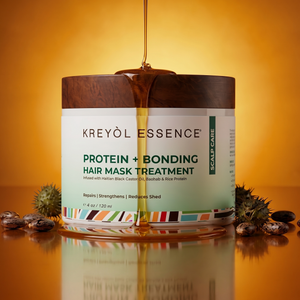 Kreyòl Essence Rice Protein "Give Me Strength" hair mask in a 4oz amber jar, a nourishing hair treatment for strength and repair