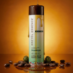 Kreyòl Essence Rosemary Mint HBCO Scalp Care Shampoo bottle in amber plastic container, 8oz, designed for healthy scalp and hair.