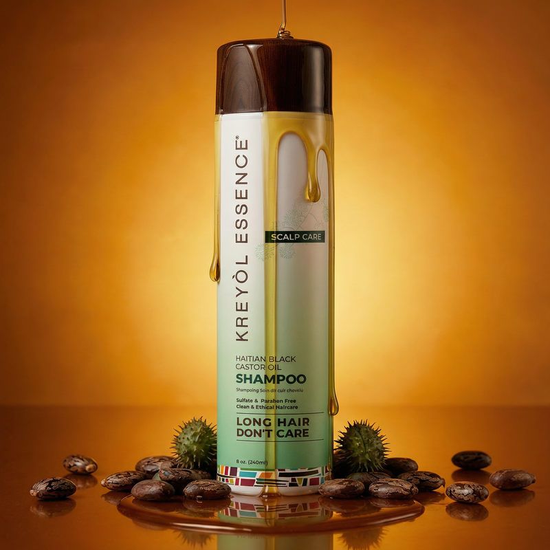 Kreyòl Essence Rosemary Mint HBCO Scalp Care Shampoo bottle in amber plastic container, 8oz, designed for healthy scalp and hair.