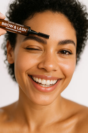 Kreyòl Essence Brow and Lash Be Full enhancing serum bottle with applicator for fuller eyebrows and lashes.