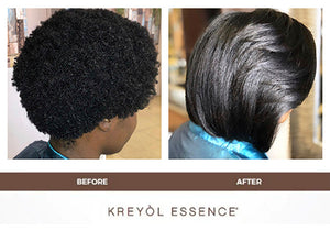 Before and after images showing the effects of Kreyòl Essence Haitian Black Castor Oil Light for hair and skin treatment.