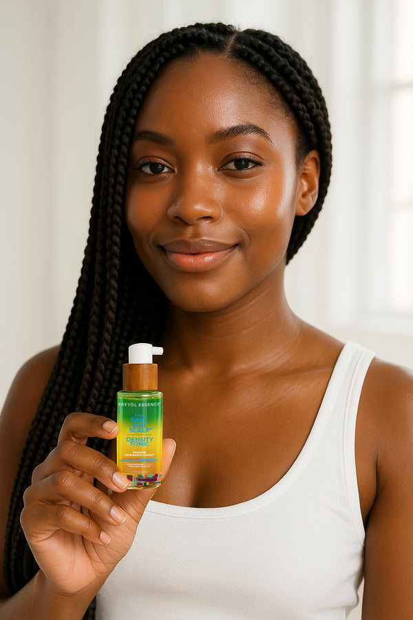 Kreyòl Essence Save Our Scalp Peptide and Clove Density Treatment Spray for hair, shown in a spray bottle on a white background.