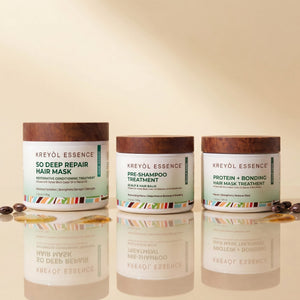 Kreyòl Essence deep conditioning hair treatment trio in gift set, featuring natural hair masks and conditioners for healthy hair.