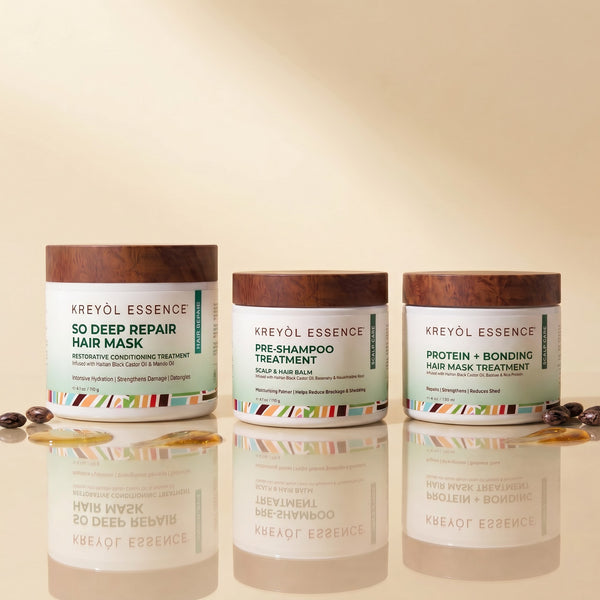 Kreyòl Essence deep conditioning hair treatment trio in gift set, featuring natural hair masks and conditioners for healthy hair.