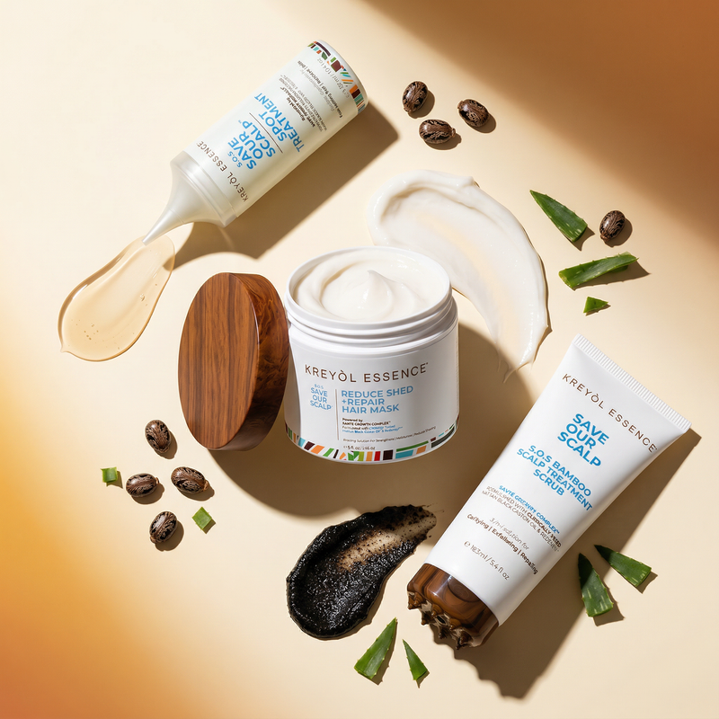 Kreyòl Essence Alopecia Essentials hair treatment kit with bottles and applicators for scalp care and hair growth.