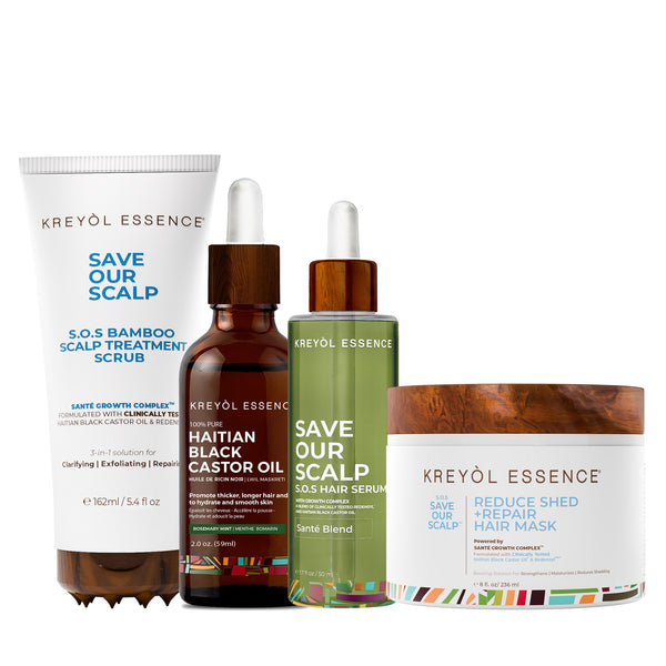 Kreyòl Essence F*** Hair Loss Clinically-Tested 4-Step System starter kit with bottles and packaging for hair restoration.
