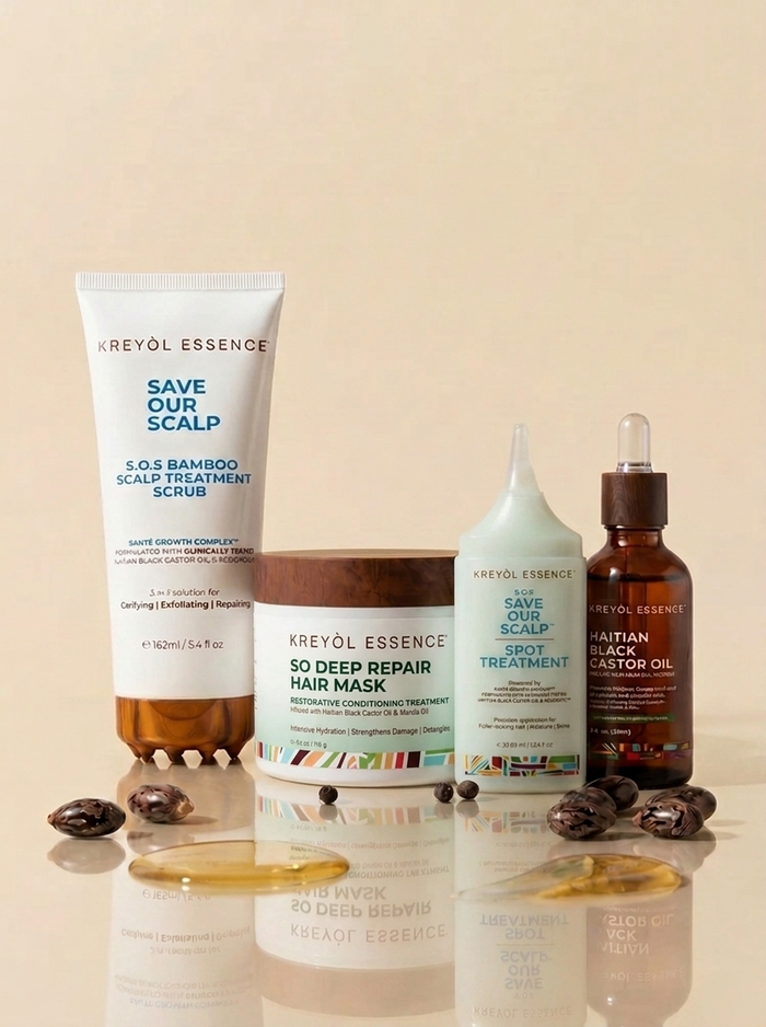 Kreyòl Essence F*** Hair Loss Clinically-Tested 4-Step System in Value & Gift Sets HC, featuring bottles and packaging.