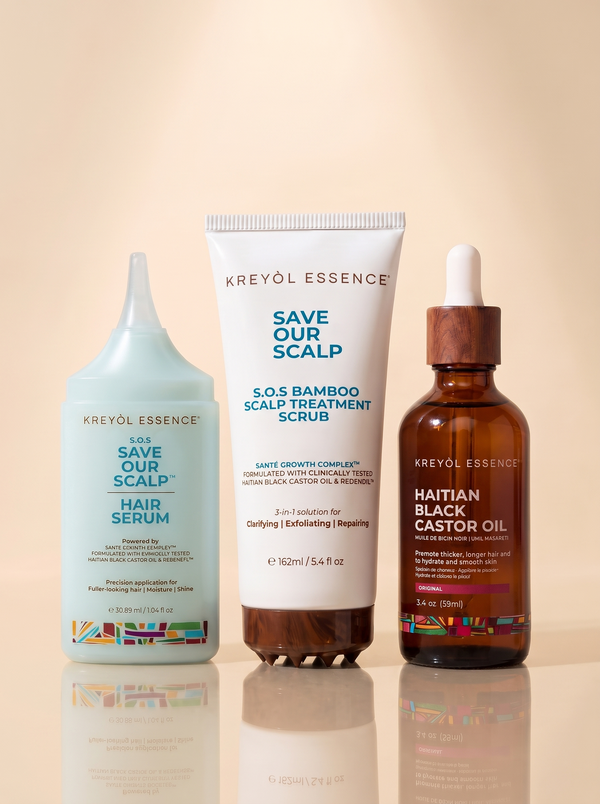 Kreyòl Essence F*** Thinning Value & Gift Set with hair care products in a colorful box and packaging.