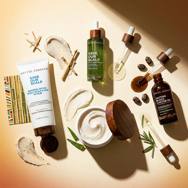 Kreyòl Essence F*** Hair Loss Clinically-Tested 4-Step System in a value and gift set with bottles and packaging.