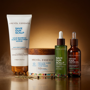 Kreyòl Essence F*** Hair Loss Clinically-Tested 4-Step System value and gift set with hair care products in white bottles.