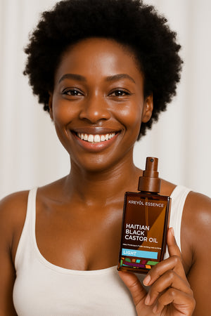 Kreyòl Essence Haitian Black Castor Oil Light for hair and skin, 2oz bottle, shown in a vertical view.