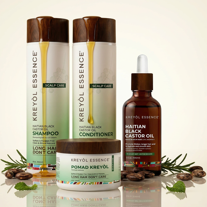 Kreyòl Essence Intense Scalp and Grow Rosemary Mint Wash Day gift set with shampoo bottles and natural hair care products.