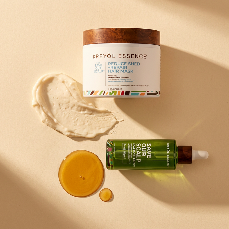 Kreyòl Essence Lori's Clinically-Tested Thicker & Fuller Hair Duo in value and gift set packaging, with hair care products and branding visible.