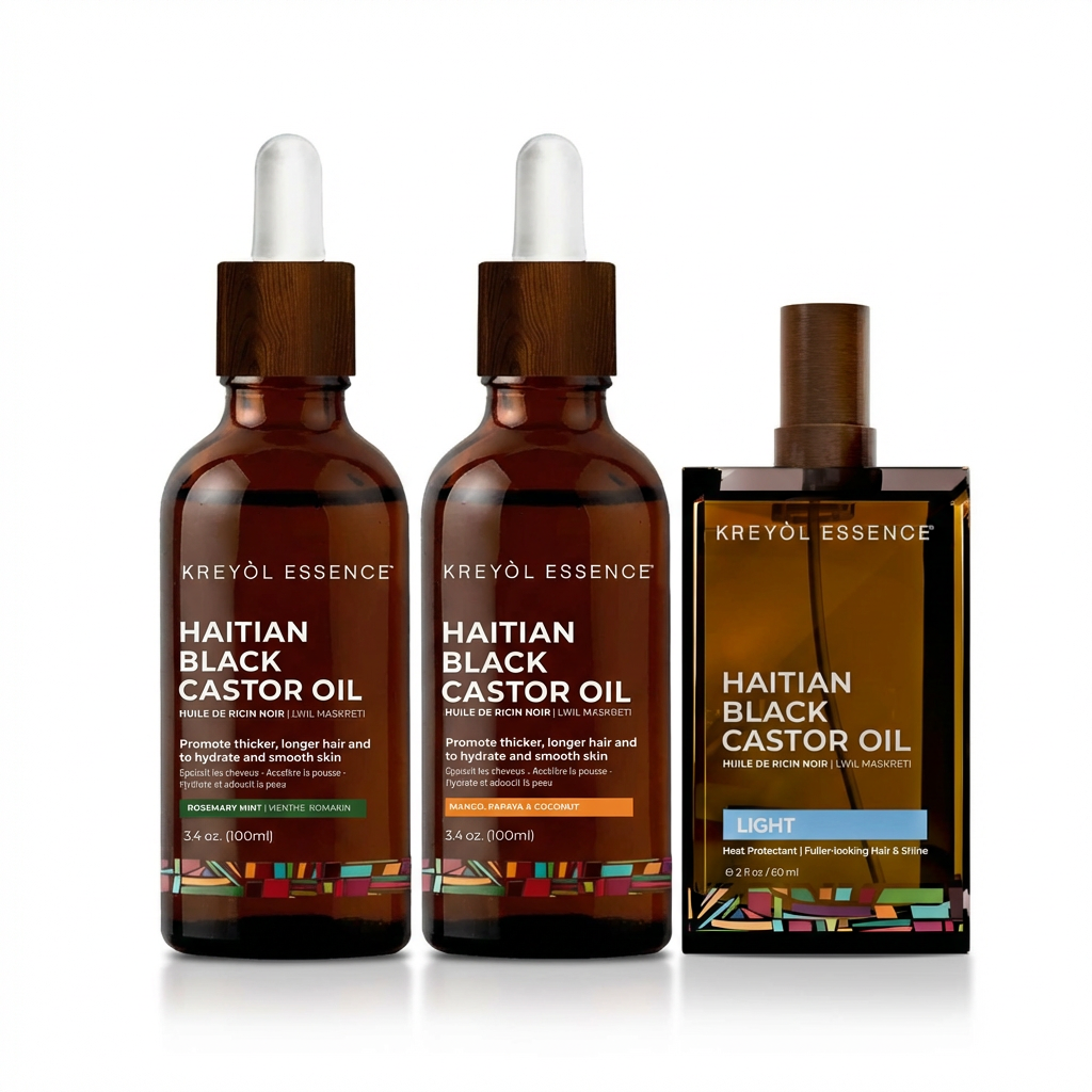 Haitian Black Castor Oil Growth Trio by Kreyòl Essence, featuring three bottles of natural Haitian castor oil for hair and scalp.
