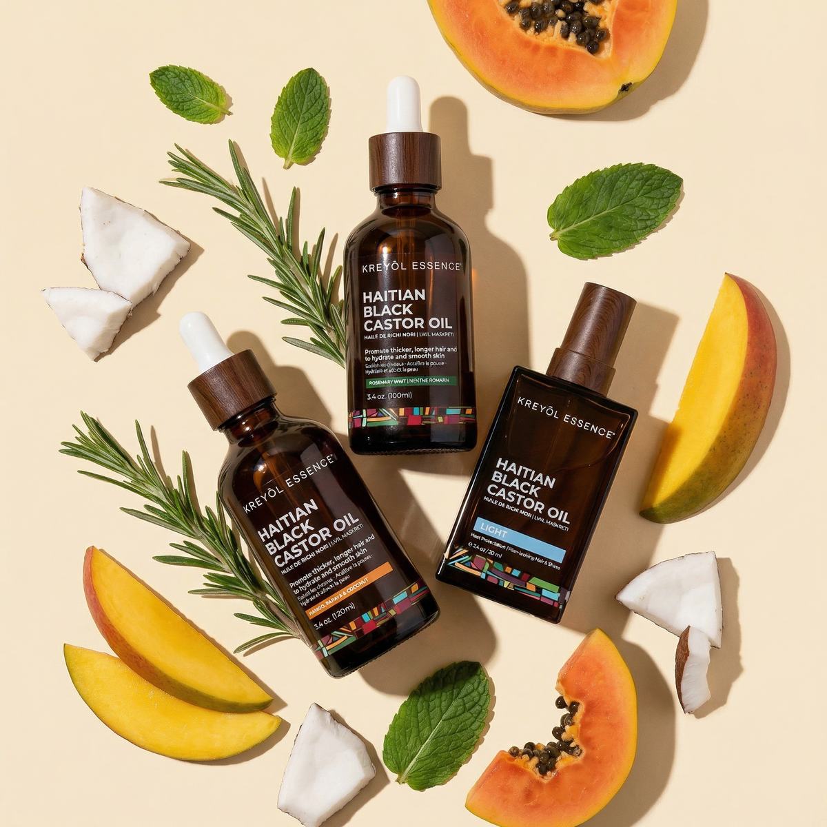 Haitian Black Castor Oil Growth Trio by Kreyòl Essence featuring three bottles of black castor oil for hair and scalp care.