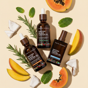 Haitian Black Castor Oil growth trio bottles by Kreyòl Essence, showcasing the natural oil for hair and scalp nourishment.