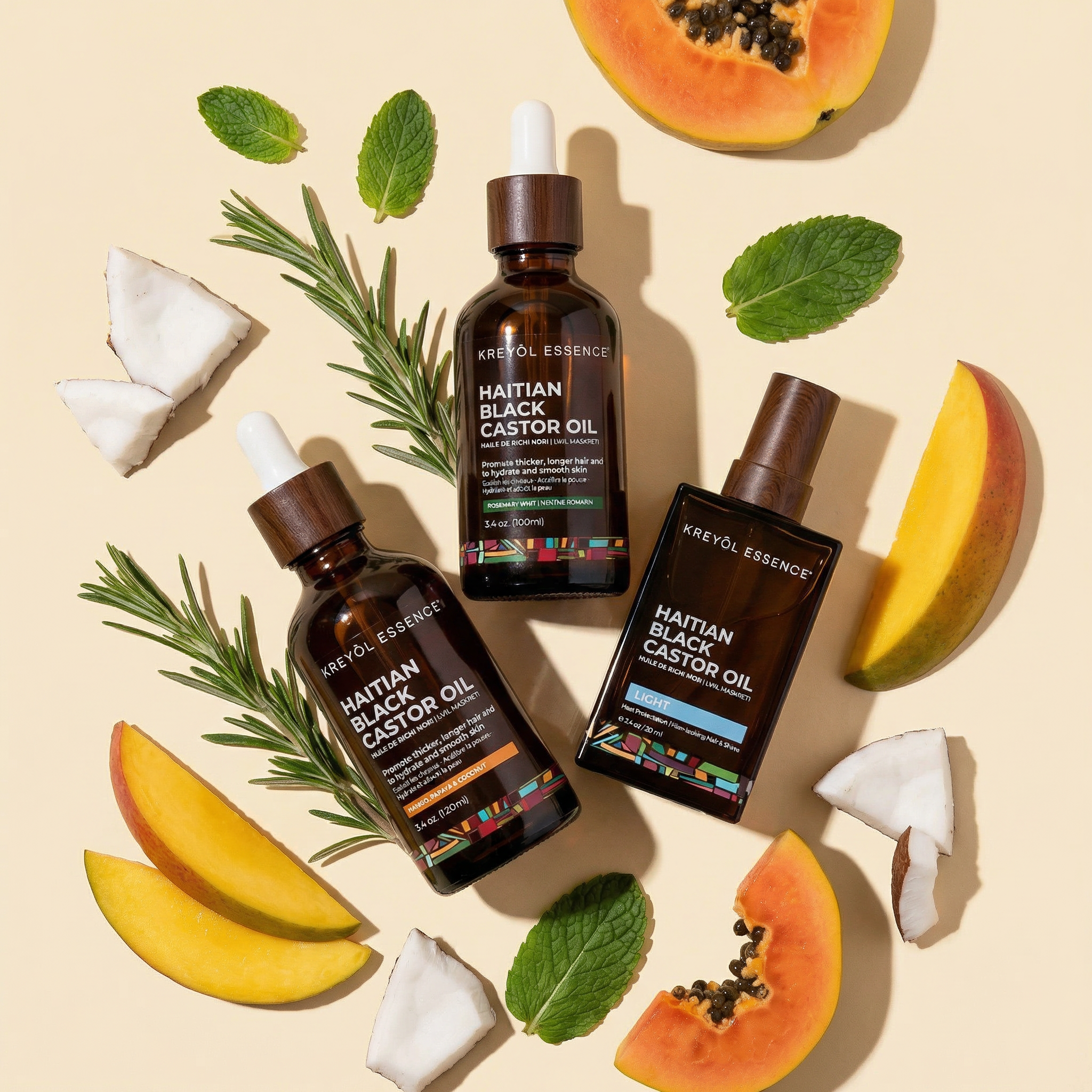 Haitian Black Castor Oil growth trio bottles by Kreyòl Essence, showcasing the natural oil for hair and scalp nourishment.